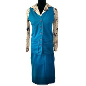 Vtg 3 Piece Women’s 70s Vest And Skirt Set With Blouse Size 12 Teal Blue